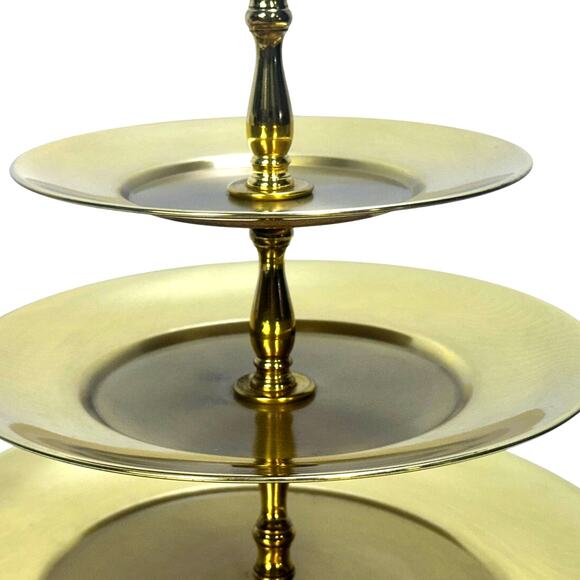 Three Tier Brass Colored Aluminum MCM Decorative Dessert Cake Appetizer Stand - Picture 4 of 7